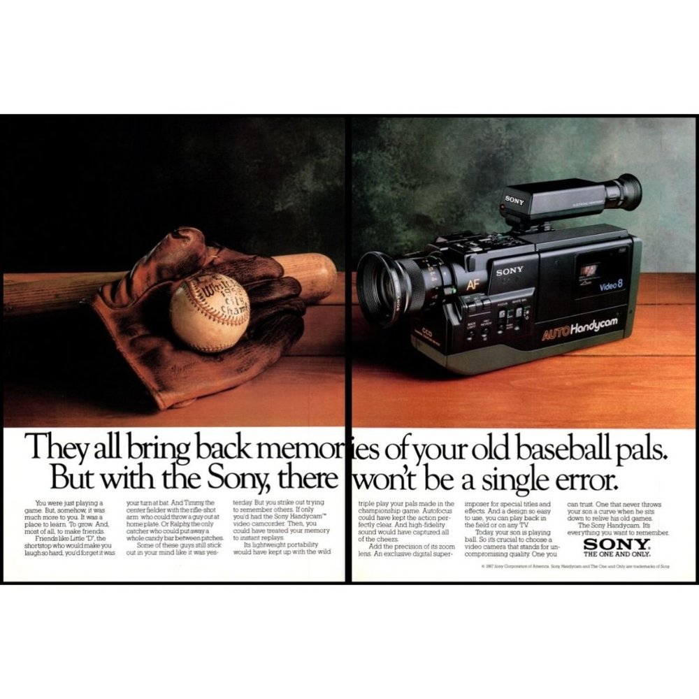 1988 Sony Auto Handycam 2 Page Vintage Print Ad Kids Baseball Glove Bat Wall Art